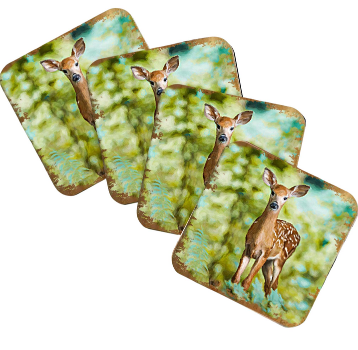Forest Deer Wooden Cork Coasters Gift Set of 4 by Nature Wonders
