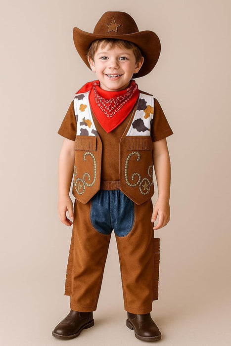 Toddler Boy Cowboy 4pcs Outfit with Hat, Vest, Pants & Bandana