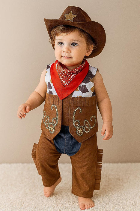 Toddler Boy Cowboy 4pcs Outfit with Hat, Vest, Pants & Bandana