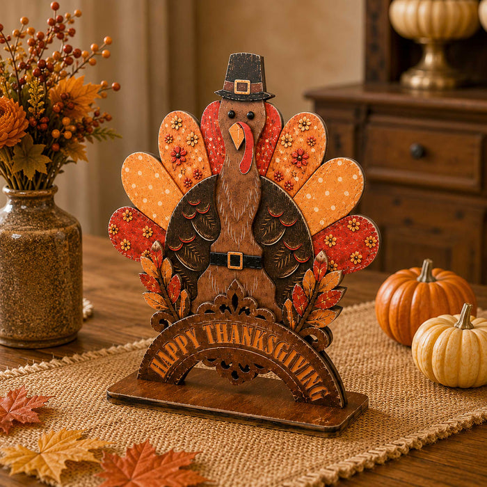 Happy Thanksgiving Turkey Wooden Tabletop Decoration – Fall Harvest Décor by G. Debrekht