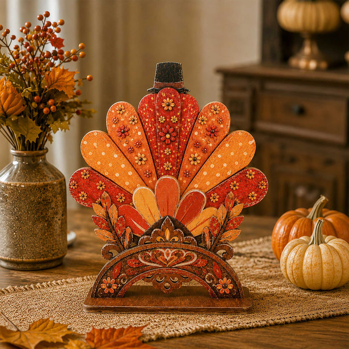 Happy Thanksgiving Turkey Wooden Tabletop Decoration – Fall Harvest Décor by G. Debrekht
