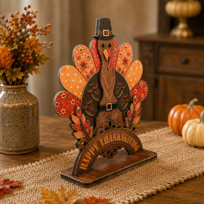 Happy Thanksgiving Turkey Wooden Tabletop Decoration – Fall Harvest Décor by G. Debrekht