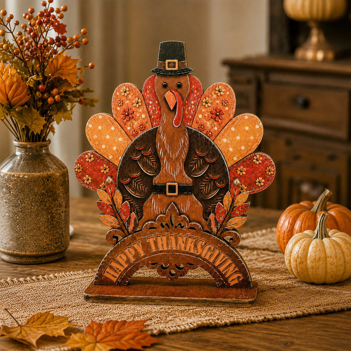Happy Thanksgiving Turkey Wooden Tabletop Decoration – Fall Harvest Décor by G. Debrekht