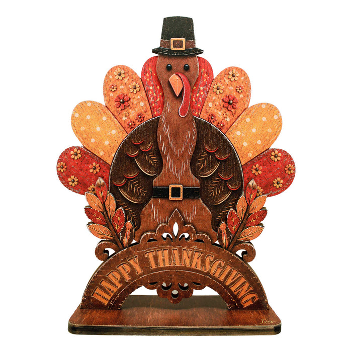 Happy Thanksgiving Turkey Wooden Tabletop Decoration – Fall Harvest Décor by G. Debrekht