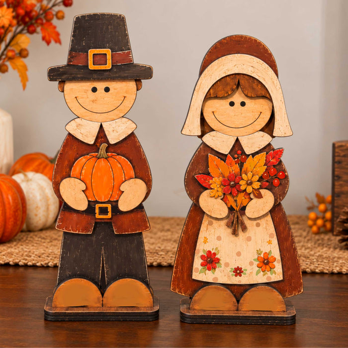 Thanksgiving Pilgrim Couple-Turkey Wooden Tabletop Decoration Set of 3 – Harvest Fall Décor