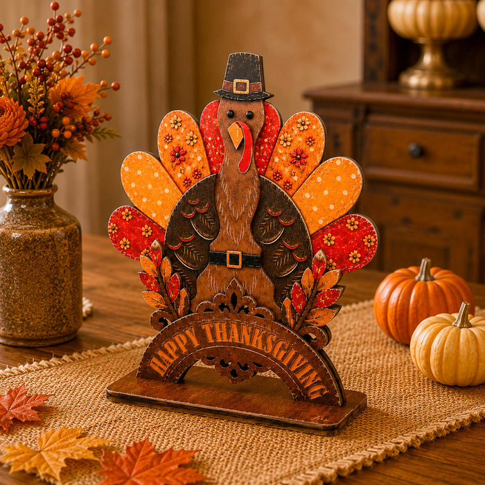 Thanksgiving Pilgrim Couple-Turkey Wooden Tabletop Decoration Set of 3 – Harvest Fall Décor