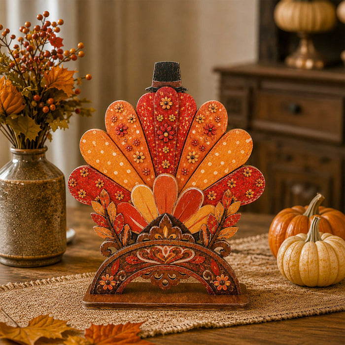 Thanksgiving Pilgrim Couple-Turkey Wooden Tabletop Decoration Set of 3 – Harvest Fall Décor