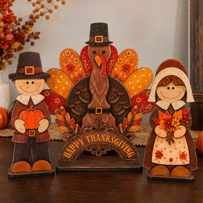 Thanksgiving Pilgrim Couple-Turkey Wooden Tabletop Decoration Set of 3 – Harvest Fall Décor