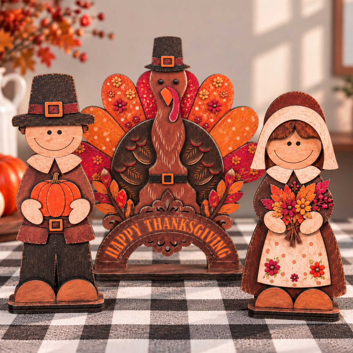 Thanksgiving Pilgrim Couple-Turkey Wooden Tabletop Decoration Set of 3 – Harvest Fall Décor