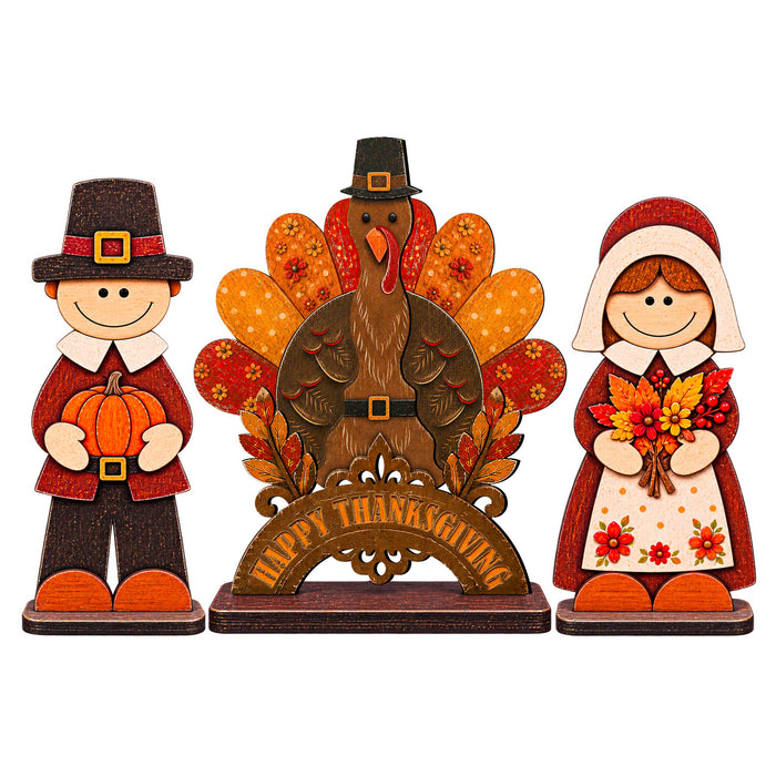 Thanksgiving Pilgrim Couple-Turkey Wooden Tabletop Decoration Set of 3 – Harvest Fall Décor