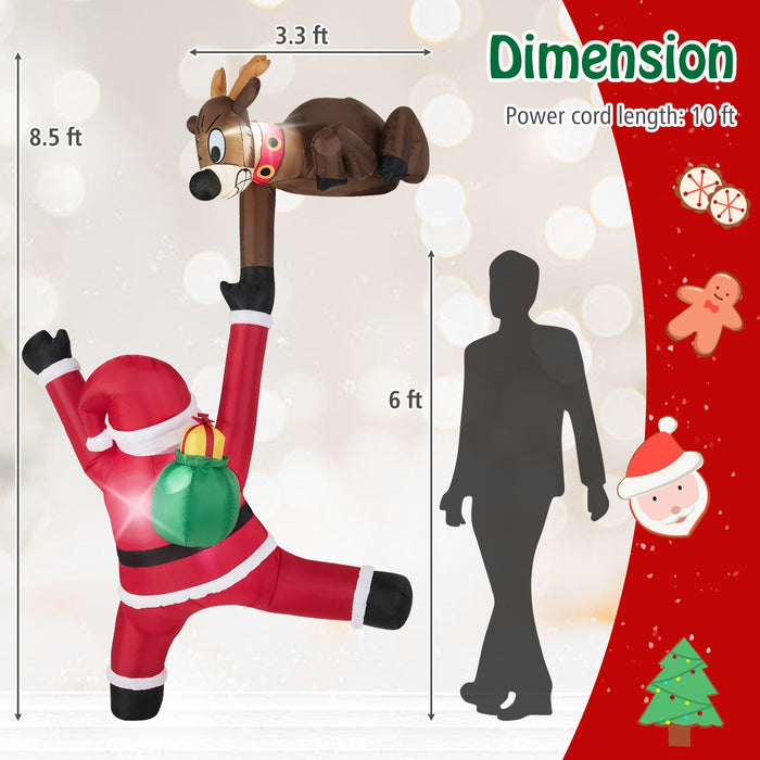 8.5 Feet Inflatable Christmas Reindeer and Climbing Santa with Built-in LED Lights