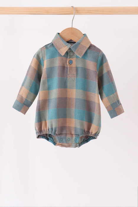 Kids Teal Plaid Button Down Bubble