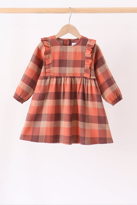 Kids Rust Plaid Ruffle Dress