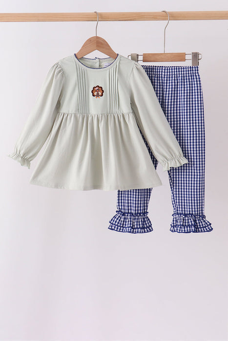 Girls Sage Turkey Embroidered Ruffle Pants Set
