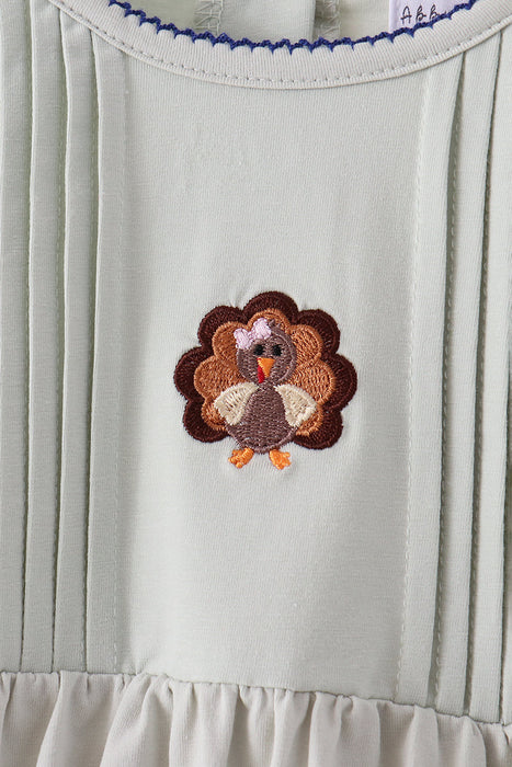 Girls Sage Turkey Embroidered Ruffle Pants Set