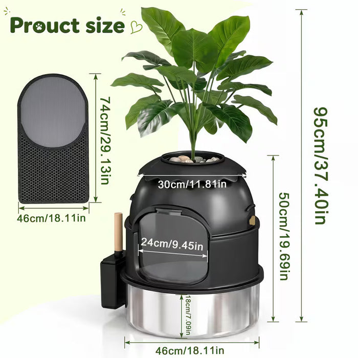 Large Decorative Hidden Stainless Steel Cat Litter Box with Artificial Plants