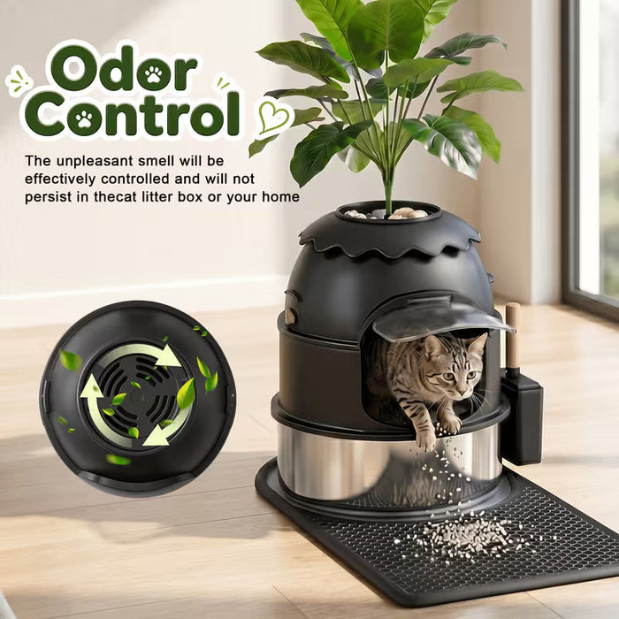 Large Decorative Hidden Stainless Steel Cat Litter Box with Artificial Plants