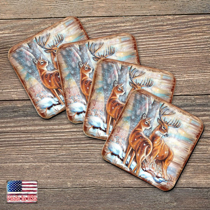 Deer's Wooden Cork Coasters Gift Set of 4 by Nature Wonders