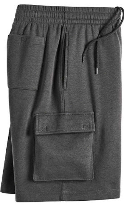 Men’s fleece cargo shorts in charcoal with multiple pockets and elastic waistband for adjustable fit