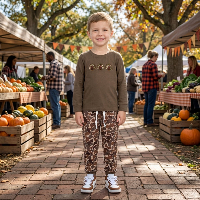 Boys Long Sleeve Turkey Brown with Camo Pants Thanksgiving Outfit