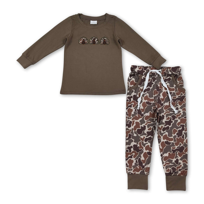 Boys Long Sleeve Turkey Brown with Camo Pants Thanksgiving Outfit
