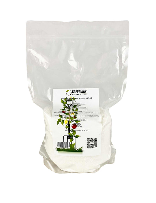 Bag of Calcium Nitrate Fertilizer 15.5-0-0 showing product label and nutrient details