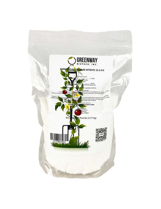 Bag of Calcium Nitrate Fertilizer 15.5-0-0 showing fast-acting nitrogen and calcium nutrients for plants