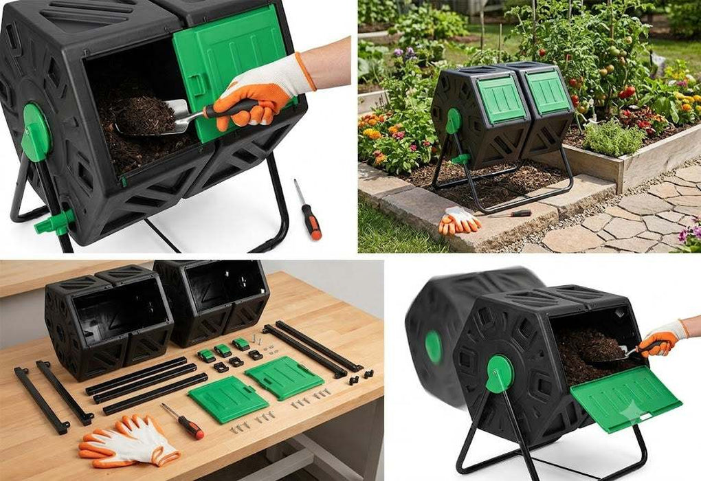 Composteur rotatif à deux compartiments avec portes coulissantes - Noir et vert
