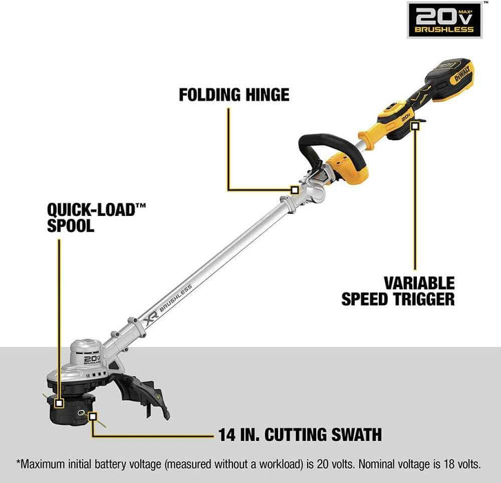DEWALT 20V MAX 14-inch cordless folding string trimmer with QuickLoad spool and folding hinge for compact storage