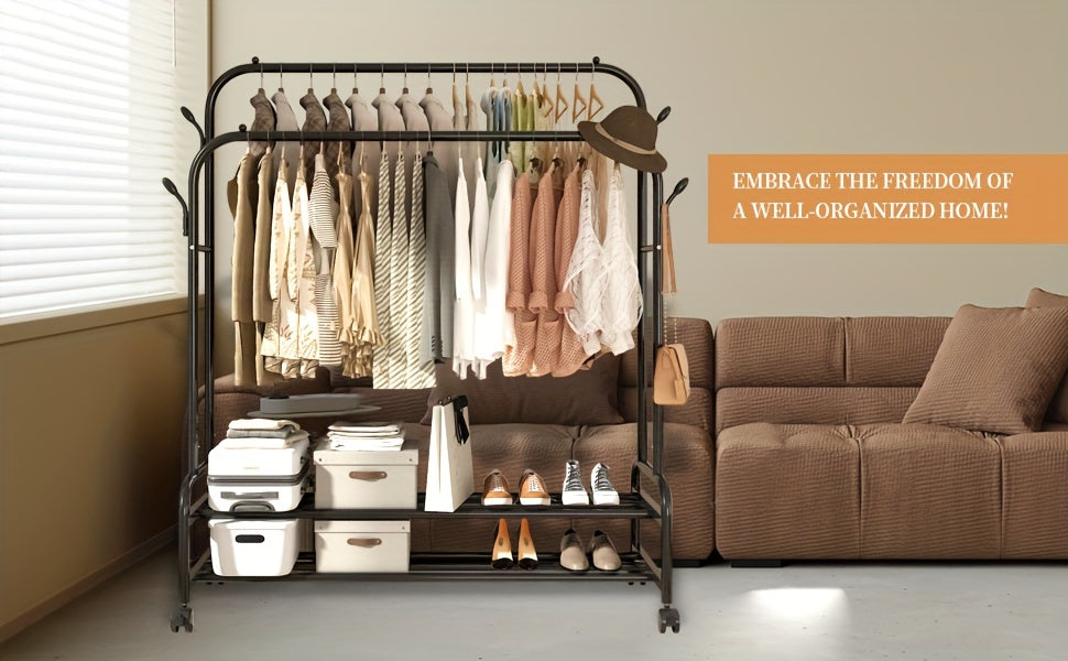Heavy-Duty Double Rod Clothes Rack with Storage Shelves & Wheels