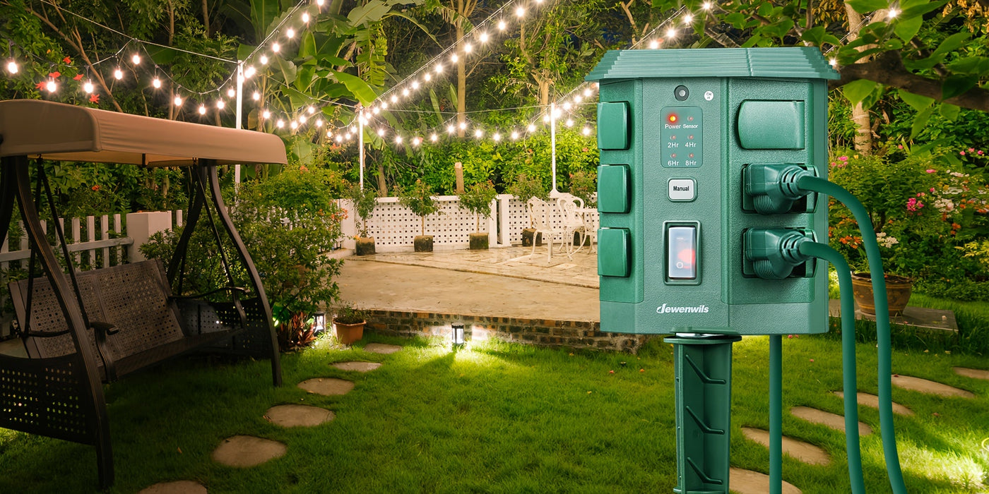 Outdoor Power Stake Timer w/ Remote, 6FT Cord, 6 Outlets
