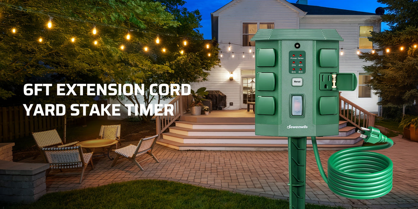 Outdoor Power Stake Timer w/ Remote, 6FT Cord, 6 Outlets