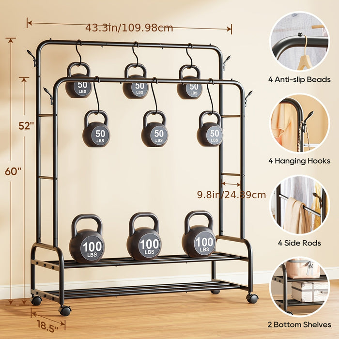 Heavy-Duty Double Rod Clothes Rack with Storage Shelves & Wheels