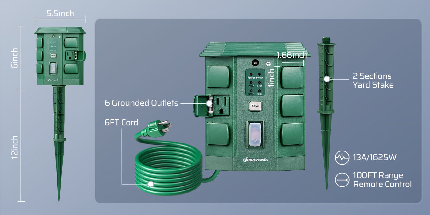Outdoor Power Stake Timer w/ Remote, 6FT Cord, 6 Outlets