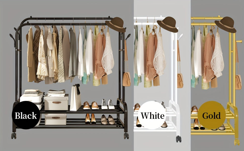 Heavy-Duty Double Rod Clothes Rack with Storage Shelves & Wheels