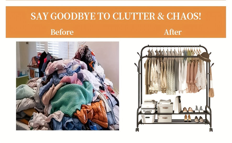 Heavy-Duty Double Rod Clothes Rack with Storage Shelves & Wheels