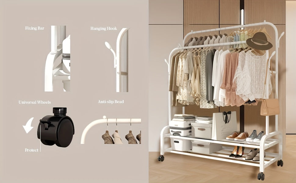 Heavy-Duty Double Rod Clothes Rack with Storage Shelves & Wheels