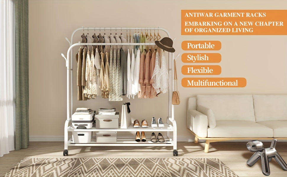 Heavy-Duty Double Rod Clothes Rack with Storage Shelves & Wheels