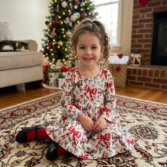 Girls Long Sleeve Red and Green with Bows Christmas Dress