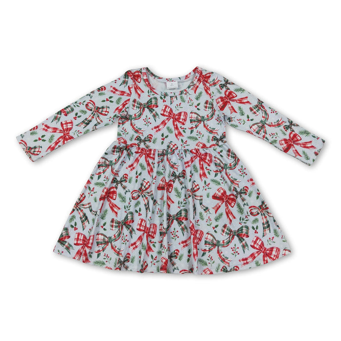 Girls Long Sleeve Red and Green with Bows Christmas Dress