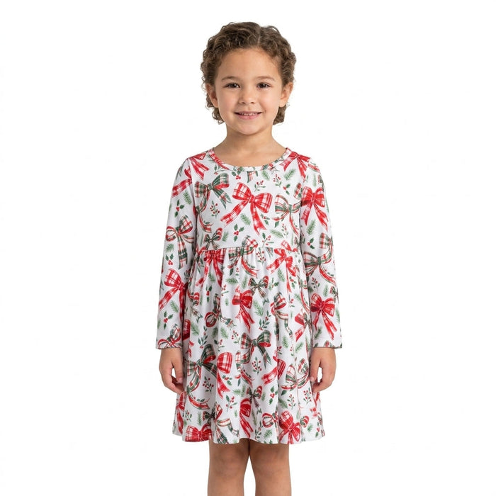 Girls Long Sleeve Red and Green with Bows Christmas Dress