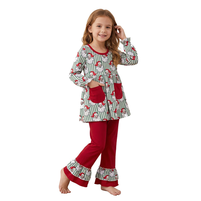 Little Girl's Striped Santa Red Ruffle Pants Christmas Set