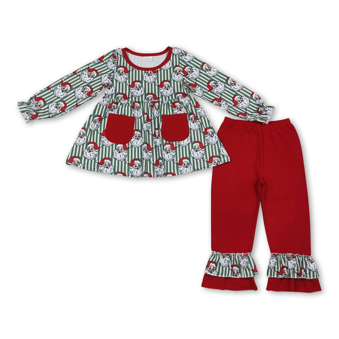 Little Girl's Striped Santa Red Ruffle Pants Christmas Set