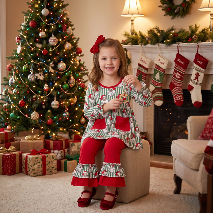 Little Girl's Striped Santa Red Ruffle Pants Christmas Set