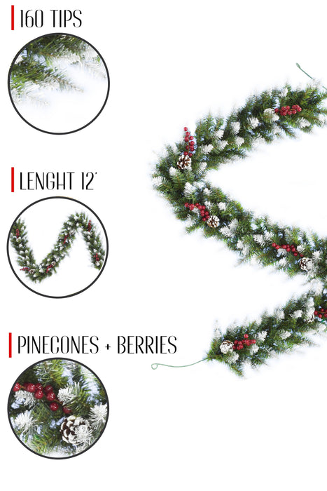 6' Snow-Flocked Camdon Fir Christmas Garland | Red Berries & Pine Cones