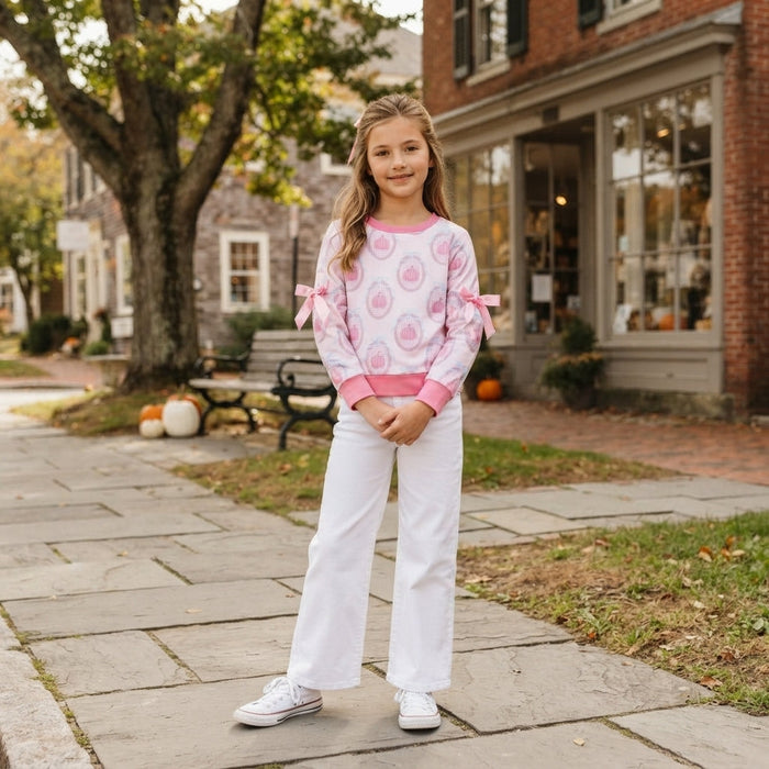 Girl's Long Sleeves Bow Pink Pumpkin Shirt