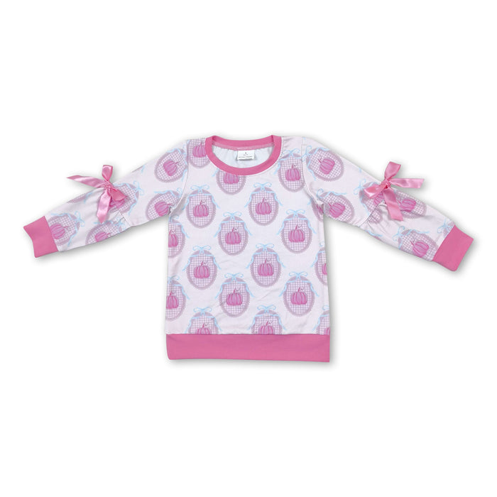 Girl's Long Sleeves Bow Pink Pumpkin Shirt
