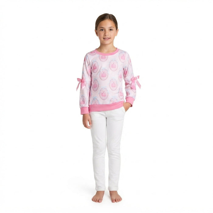 Girl's Long Sleeves Bow Pink Pumpkin Shirt