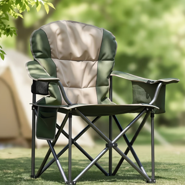 Heavy Duty Folding Camping Chair w/ Cup Holder & Cooler Bag 500 lbs