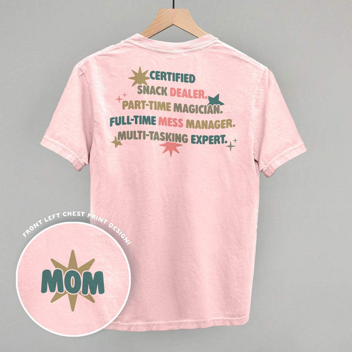 Woman wearing Multitasking Mom! print tee celebrating motherhood and multitasking skills